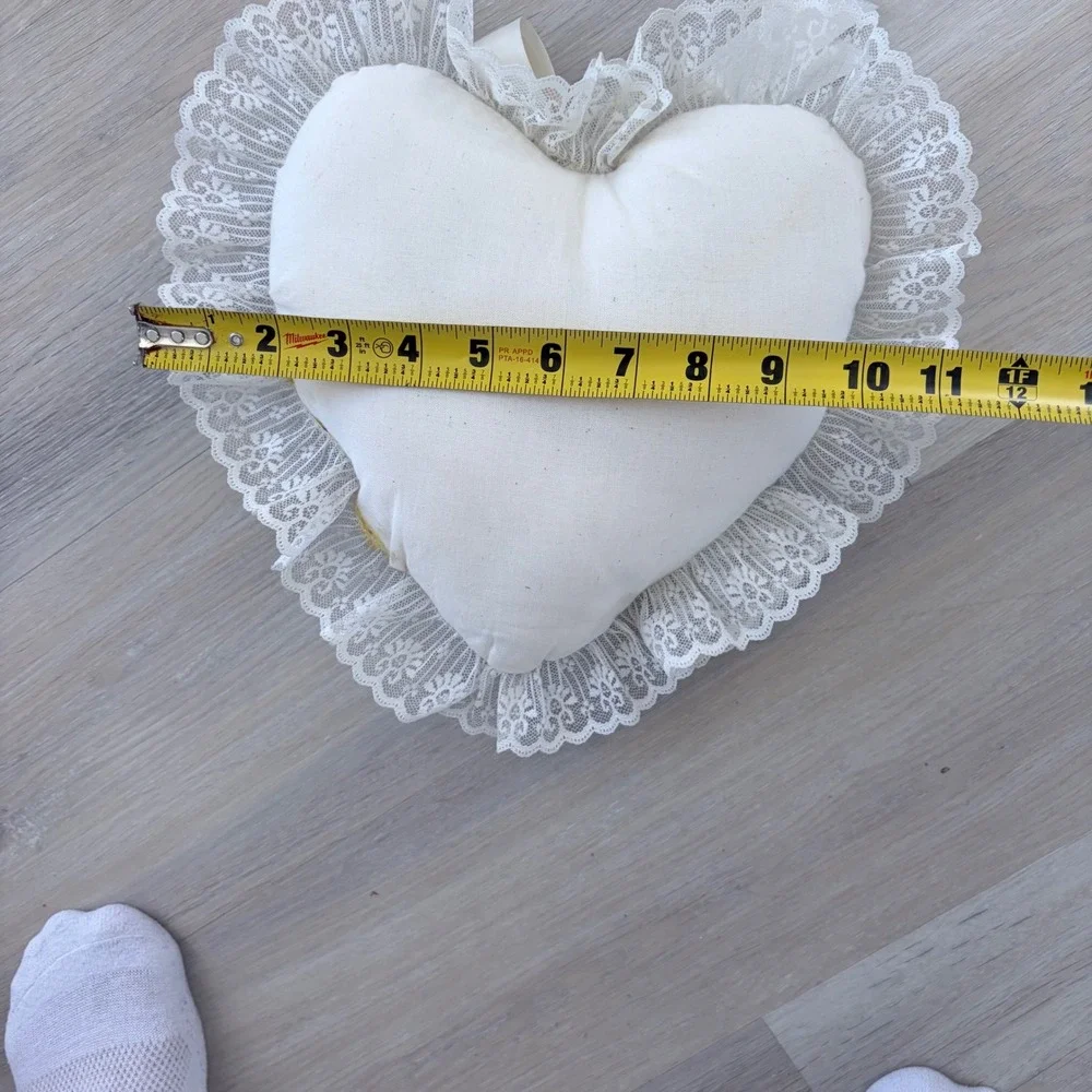 Vintage Heart Shaped Decorative Pillow Blue Floral Lace Trim Cream Ribbon Bow